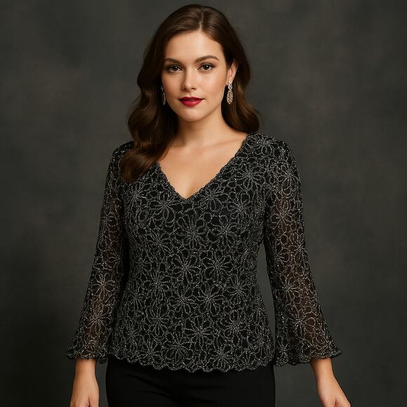 Vtg Y2K Brittany Black Embroidery Crystal Top Sz XL Glam Holiday Mesh Whimsigoth - Picture 1 of 13